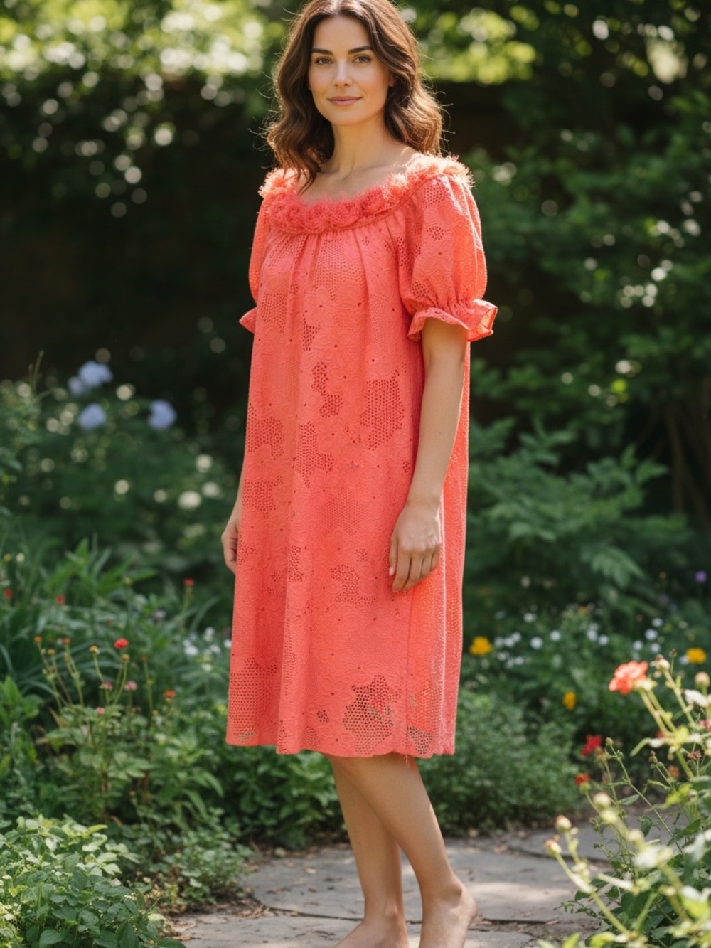 Perceptions NY Coral Eyelet Off Shoulder Boho Resort Dress Womens 12 Peasant